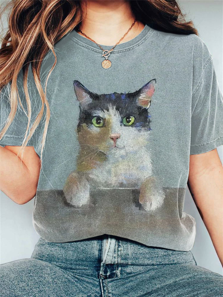 Cute Cat Art Print Casual Vintage T-Shirt elevenforest