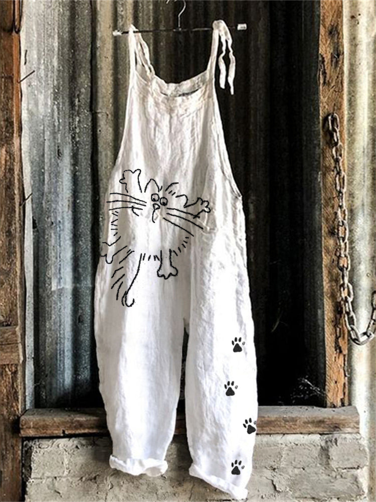 Lazy Cat & Paw Prints Embroidered Linen Blend Jumpsuit elevenforest