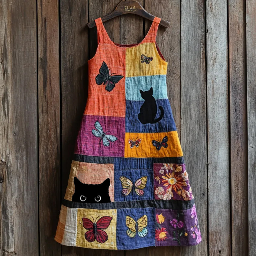 Vintage Abstract Creative Cute Cat In Floral Patchwork Art Embroidered Cozy Linen Midi Dress elevenforest