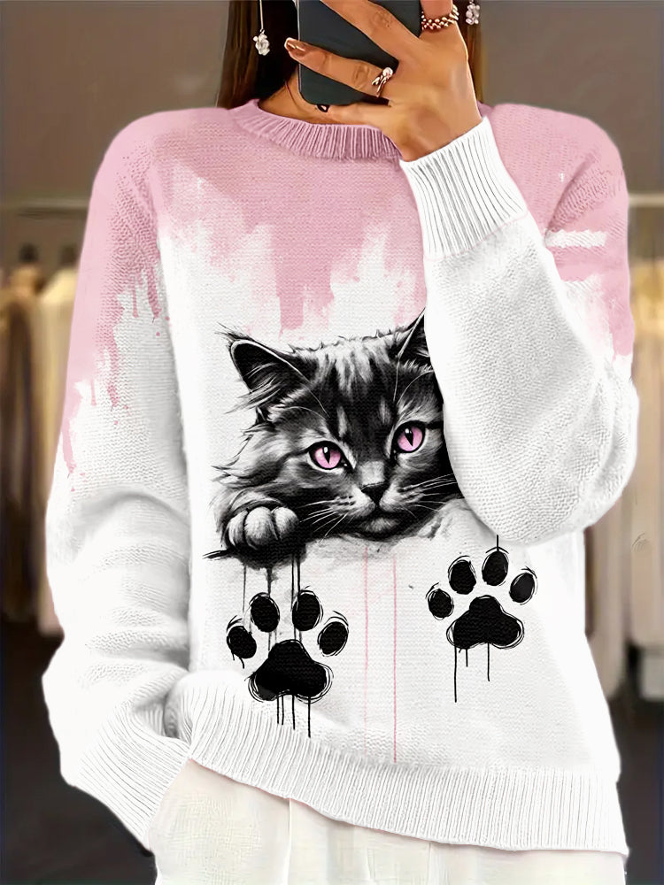 Lovely Cat Pattern Crew Neck Cozy Sweater elevenforest
