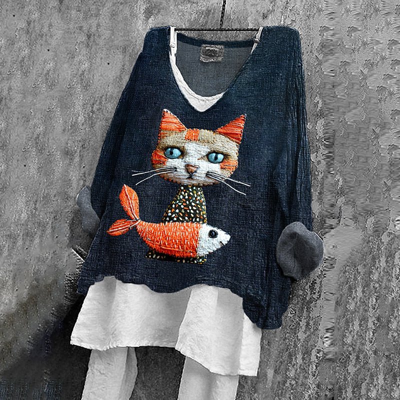 Women's Cat And Koi Art Print V-neck Shirt elevenforest