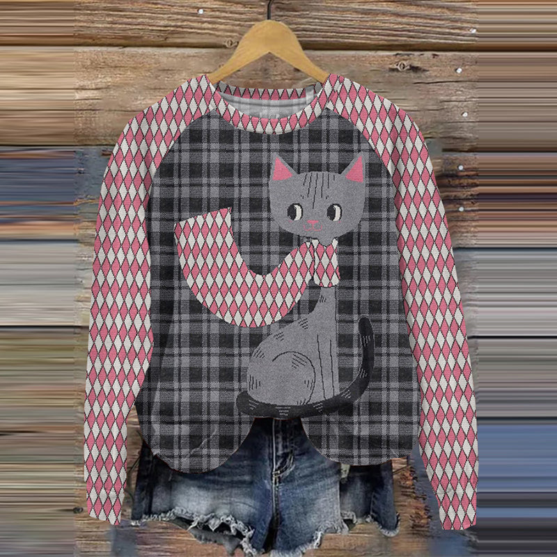 Cute Plaid Cat Print Casual Sweatshirt elevenforest
