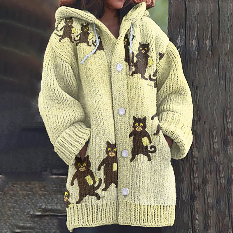 Retro Black Cat Print Women'S Sweater Cardigan elevenforest