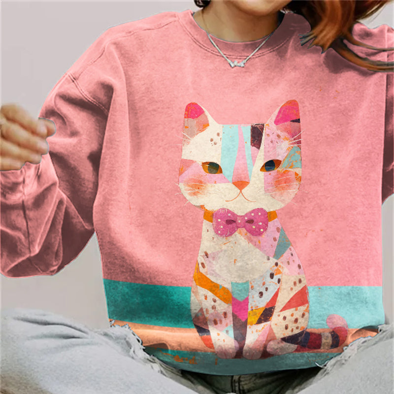 Abstract Creative Pink Cool Cat Painting Art Print Sweatshirt elevenforest