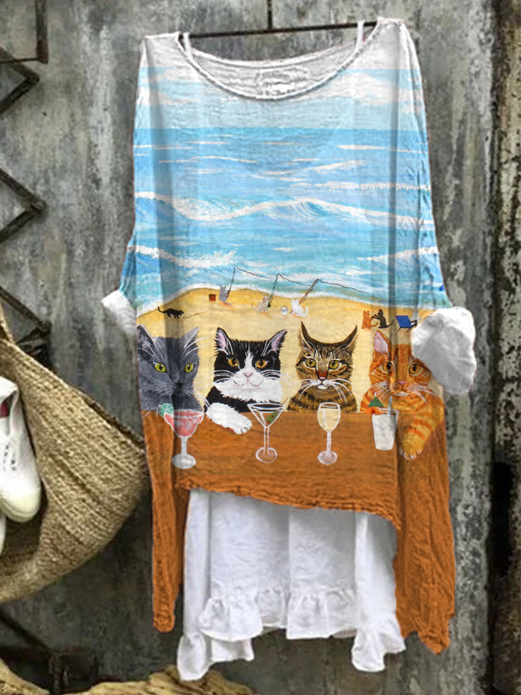 Funny Cats Print Linen Blend Shirt elevenforest