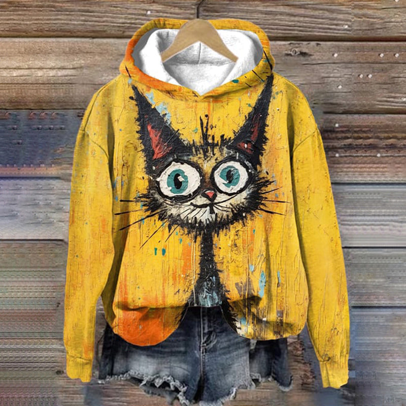 Oil Painting Cat Print Casual Hoodie elevenforest