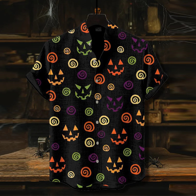Men's Halloween Pumpkin Face Geometric Art Linen Shirt elevenforest