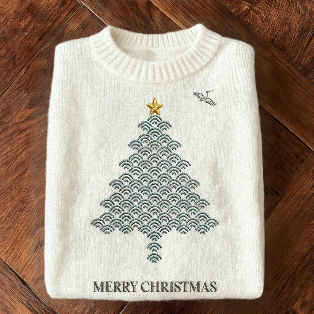 Japanese Waves Christmas Tree Embroidered Cozy Sweater artswardrobe