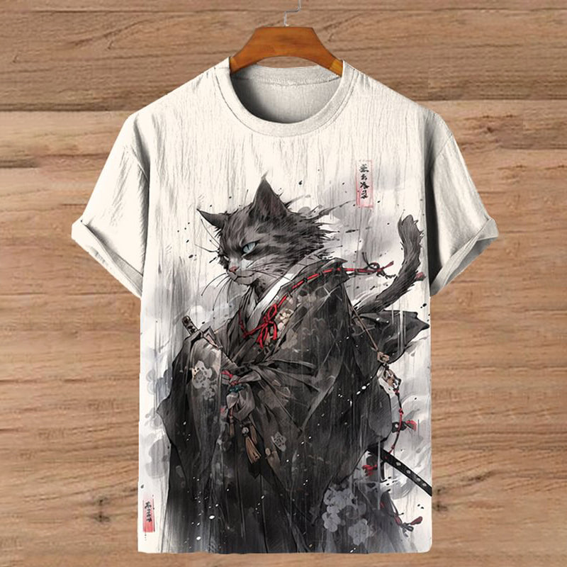 Vintage Japan Cat Kimono Samurai Ink Art Print Casual T-Shirt elevenforest