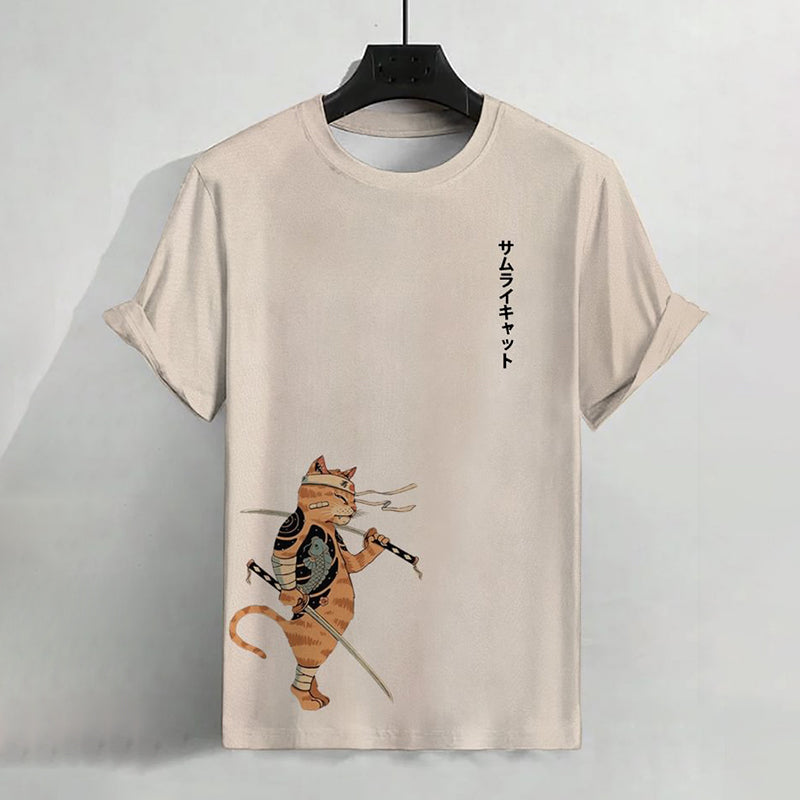 Men's Japanese Samurai Cat Art Print Casual T-Shirt elevenforest