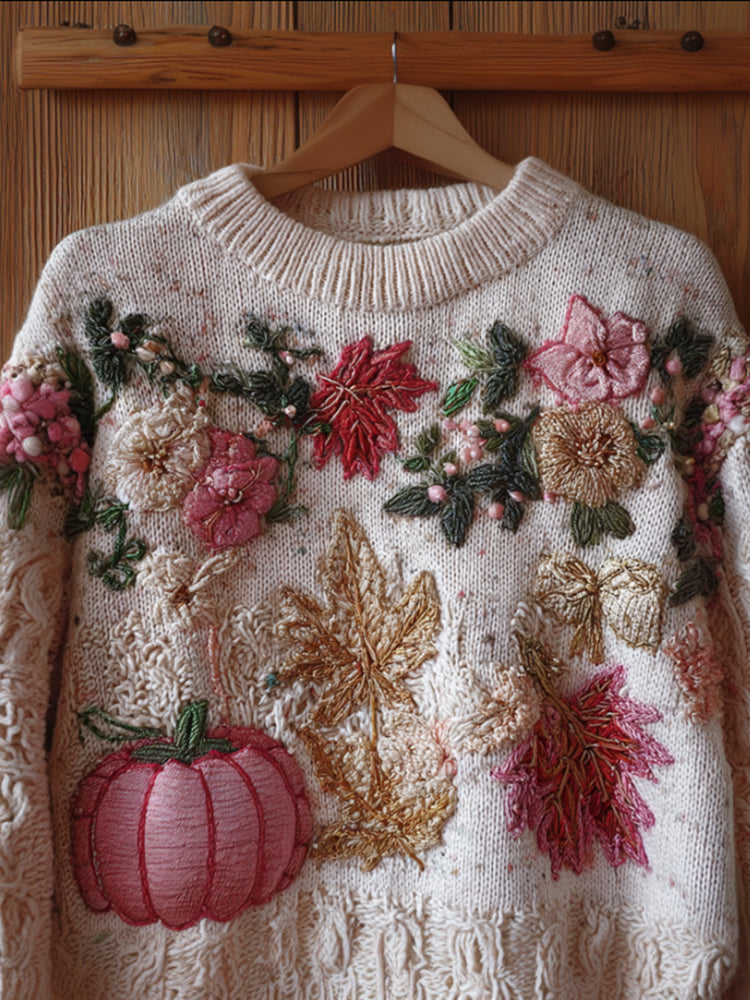 Pumpkin And Maple Leaf Plush Warm Round Neck Sweater artswardrobe