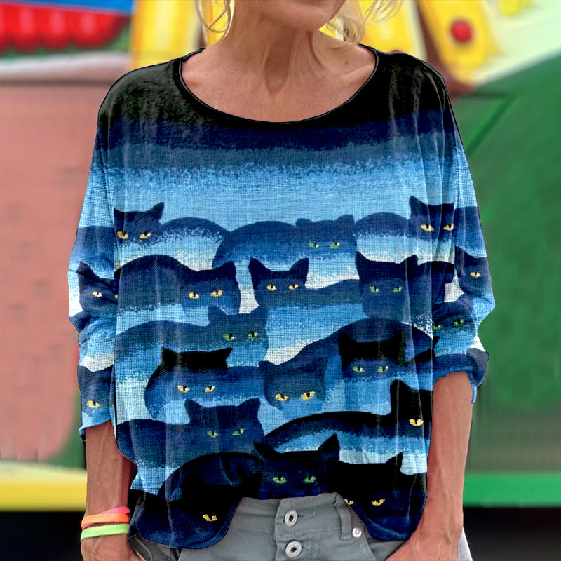 Women's Abstract Geometric Cat Art Print Vintage Linen T-shirt elevenforest