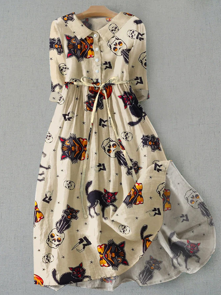 Casual Artistic Halloween Print Loose Tie Dress elevenforest