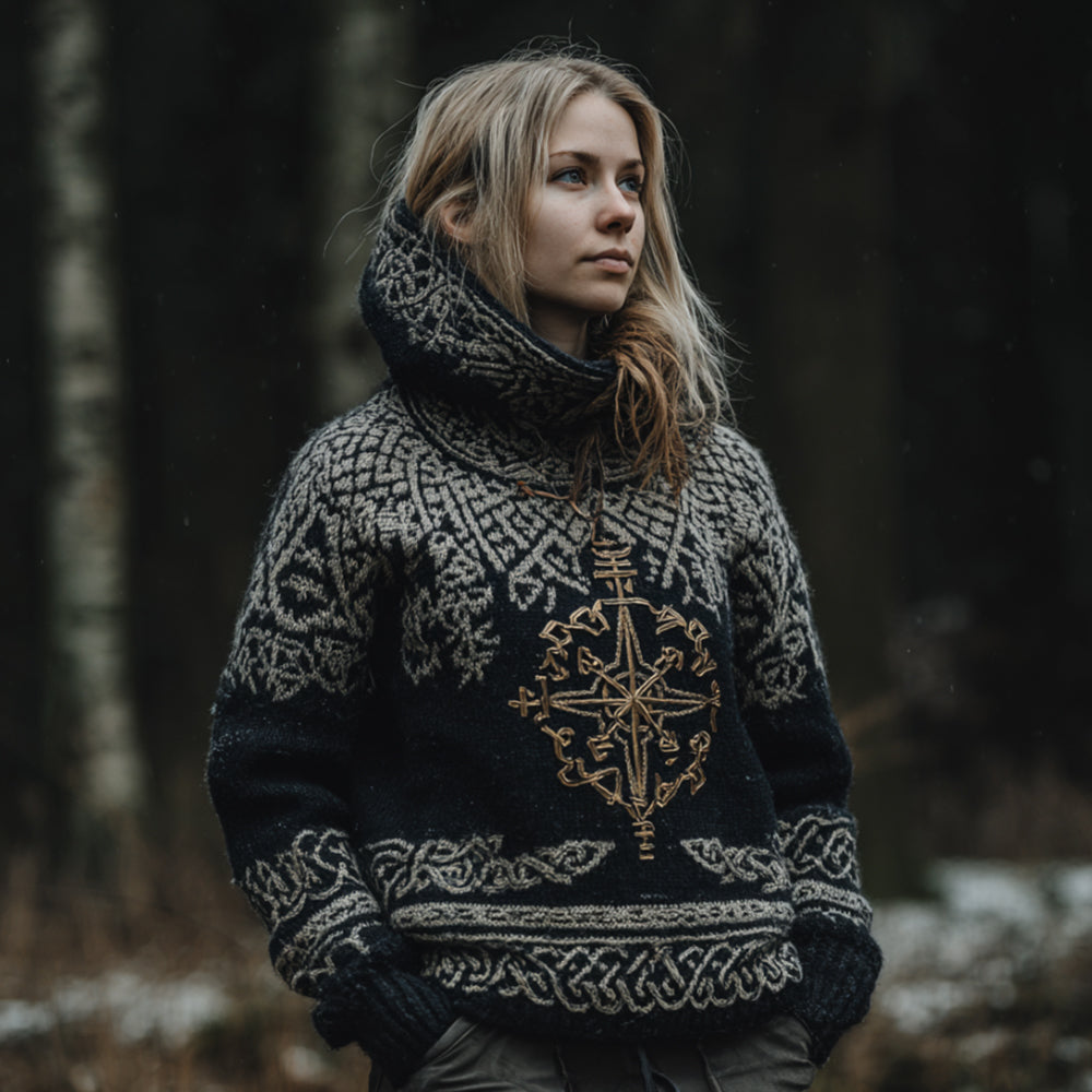 Women's Viking Style Viking Compass Contrasting Hooded Sweater artswardrobe