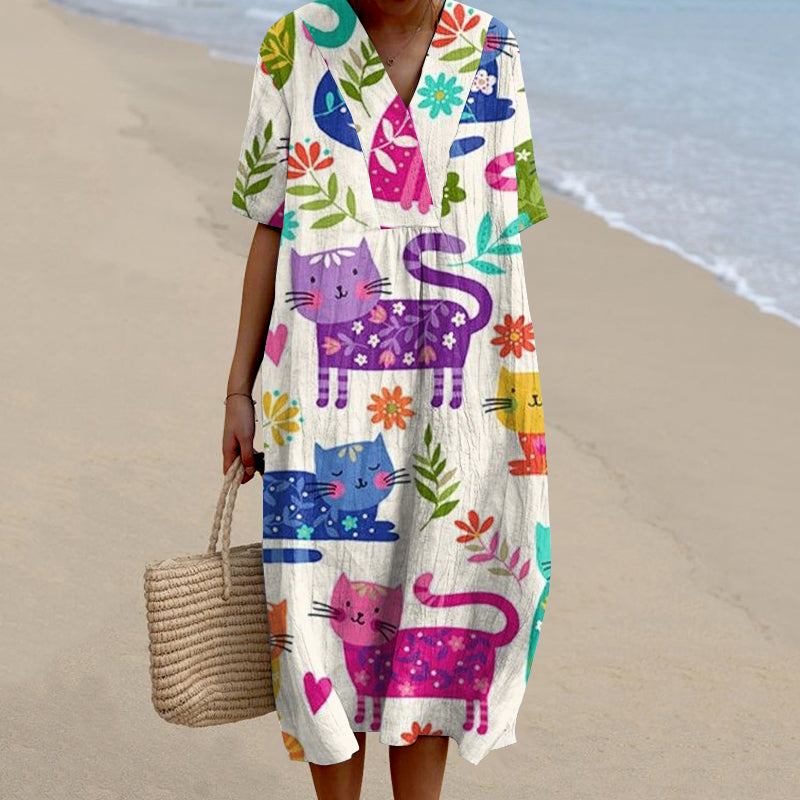 Women's Colorful Cat Art Print V-neck Dress elevenforest