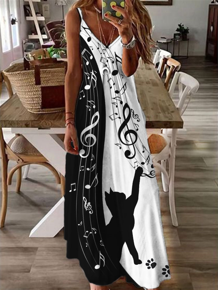 Curious Cat Music Notes Contrast Color Cami Maxi Dress elevenforest