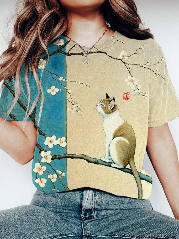 Cat & Flower Japanese Art Short Sleeve T-Shirt elevenforest