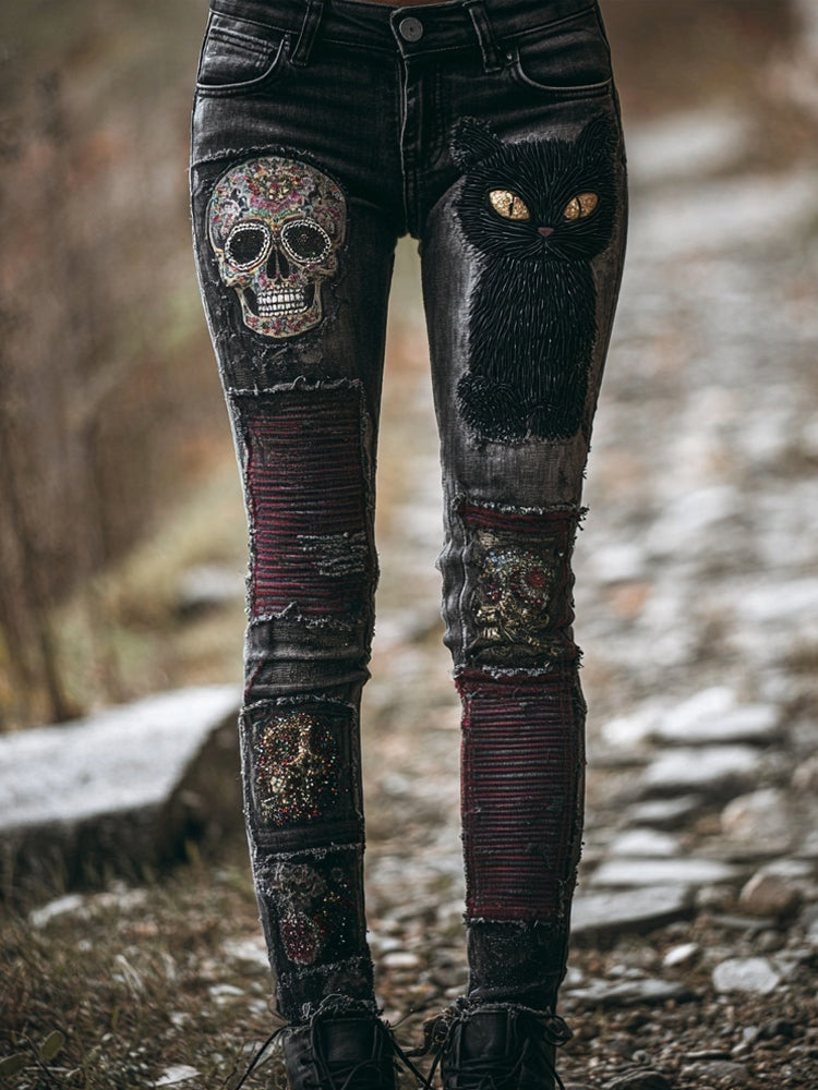 Retro Skull & Cat Embroidered Patchwork Skinny Jeans elevenforest