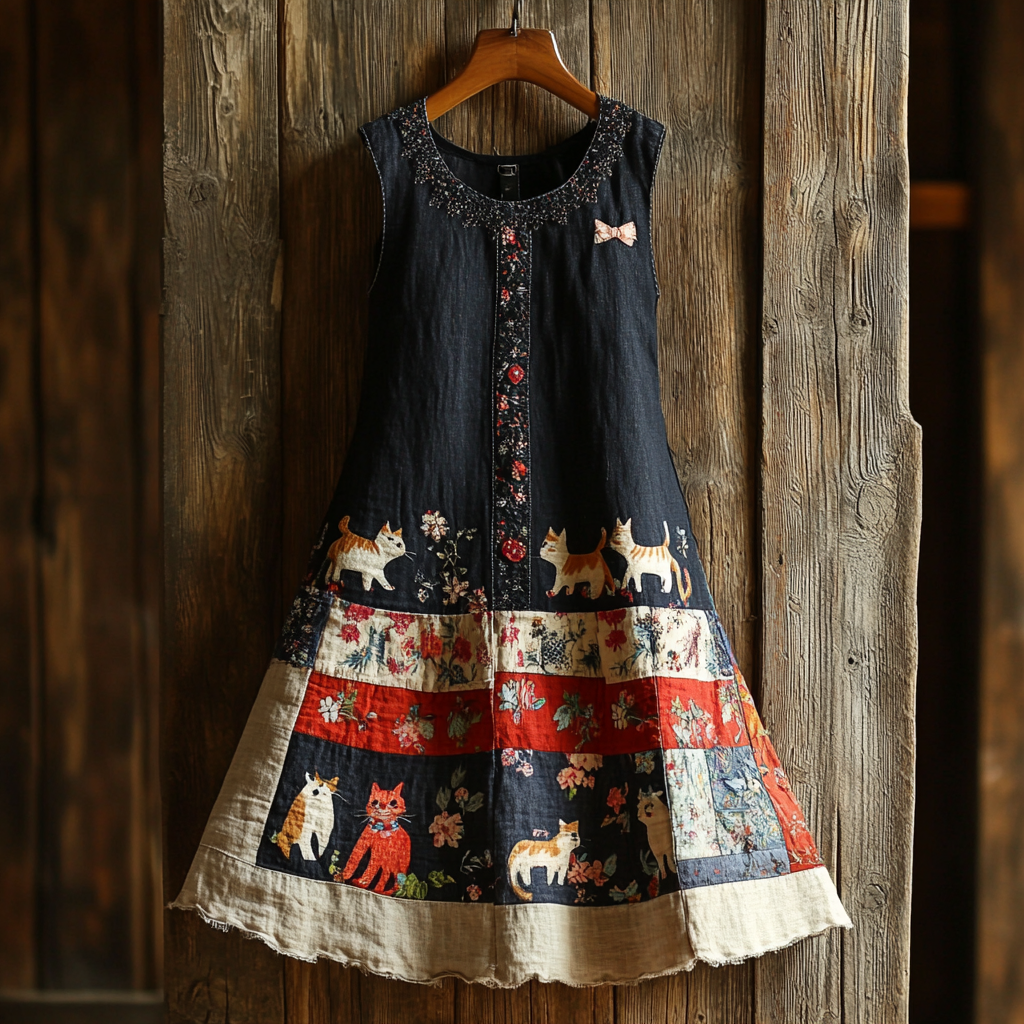 Casual Pop Art Cat Denim Splicing Cotton Linen Dress elevenforest