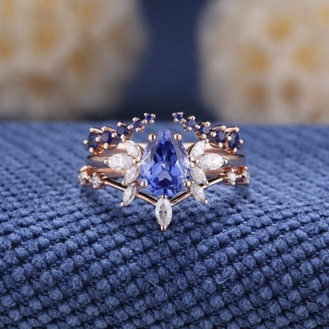 Blue Zirconia Leaf Gold Ring