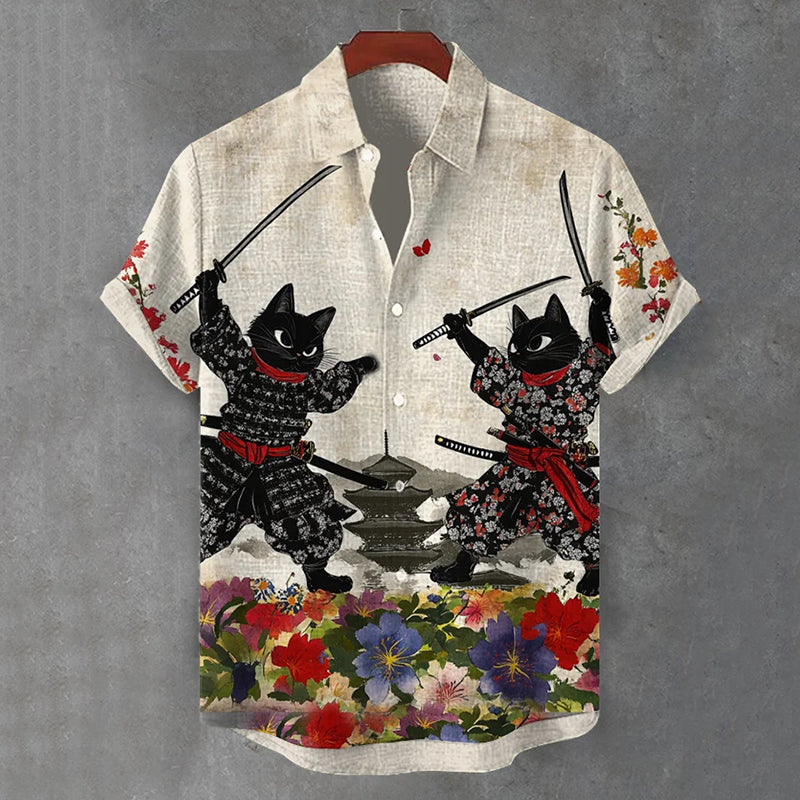 Men's Two Black Cat Samurai Swordsmen Fighting With Swords Art Casual Short Sleeve Shirts elevenforest