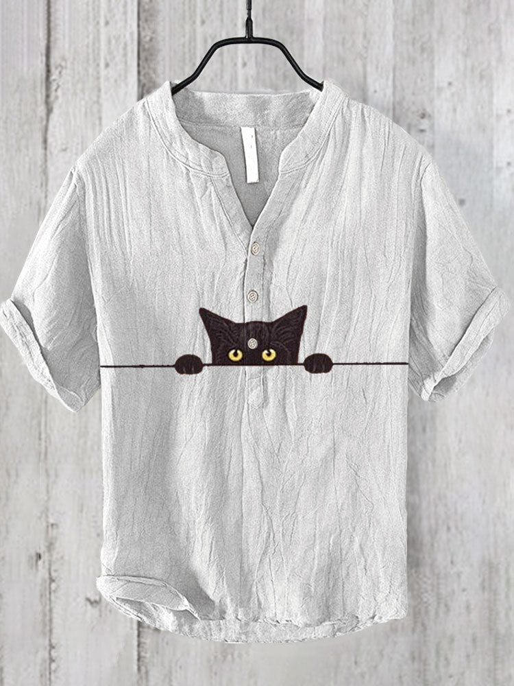 Japanese Art Black Cat Print Cotton Blend Shirt elevenforest