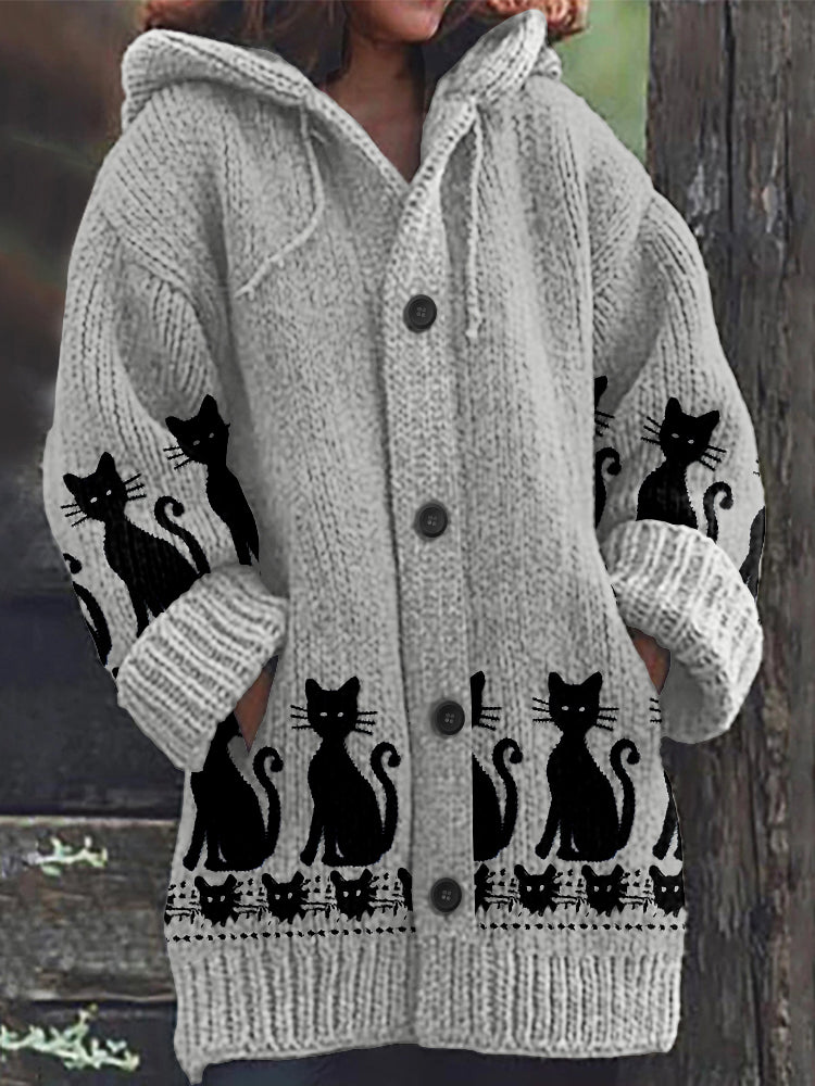 Vintage Black Cat Art Print Cozy Button Sweater elevenforest