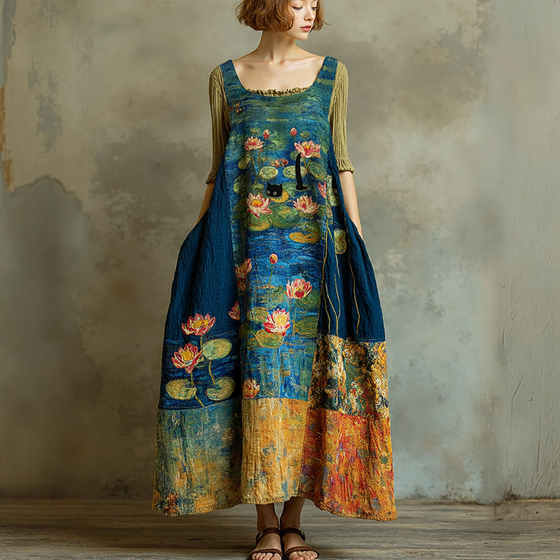 Women's Vintage Oil Painting Water Lily And Black Cat Art Print Sleeveless Midi Dress elevenforest