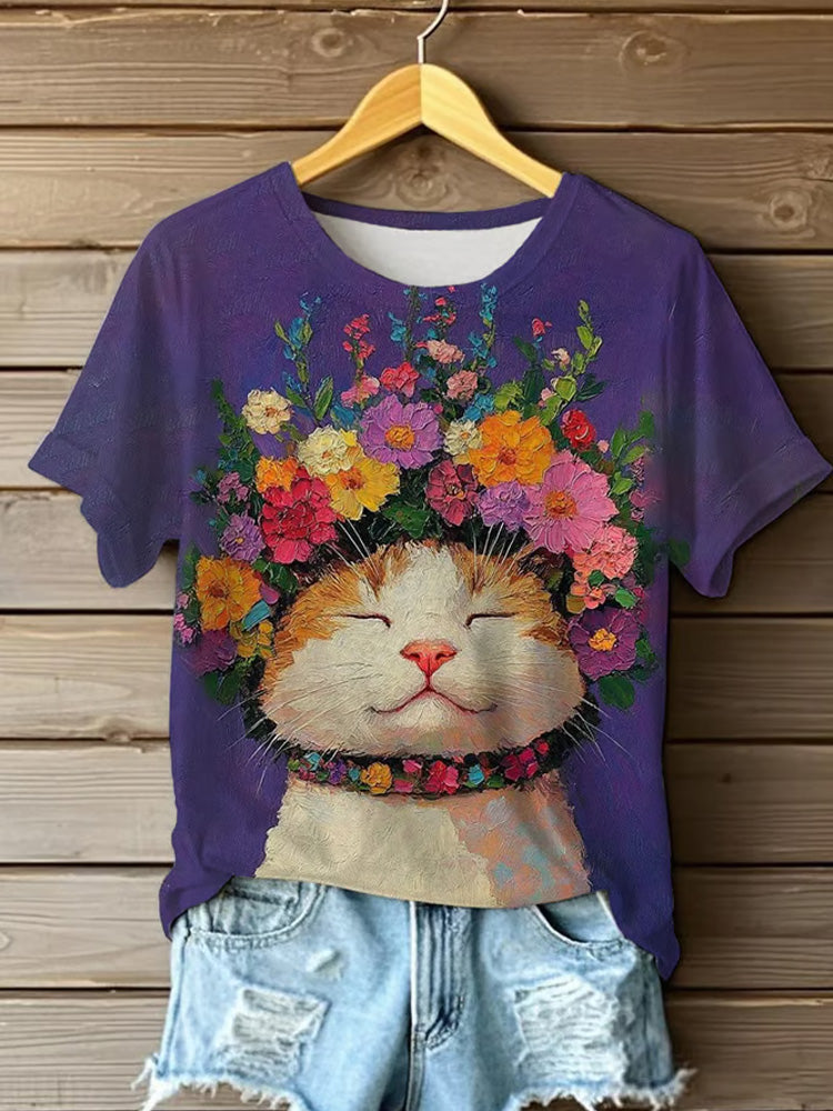 Women's Oil Painting Cute Flowers Cat Print T-shirt elevenforest