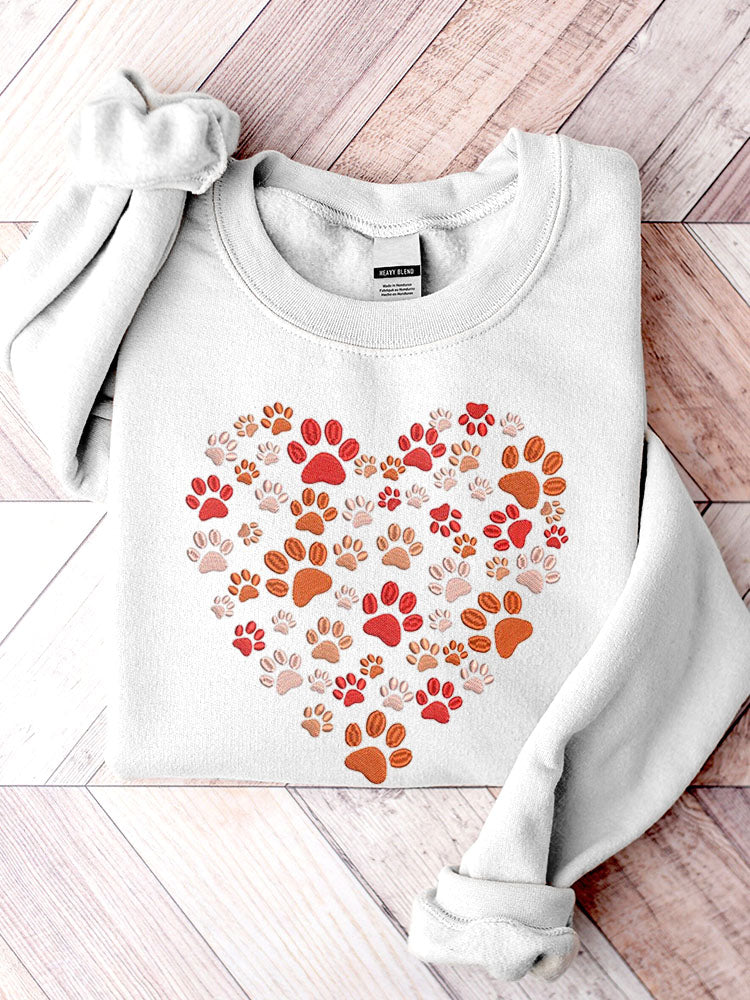 Embroidery Paws Hearts Pattern Casual Sweatshirt elevenforest