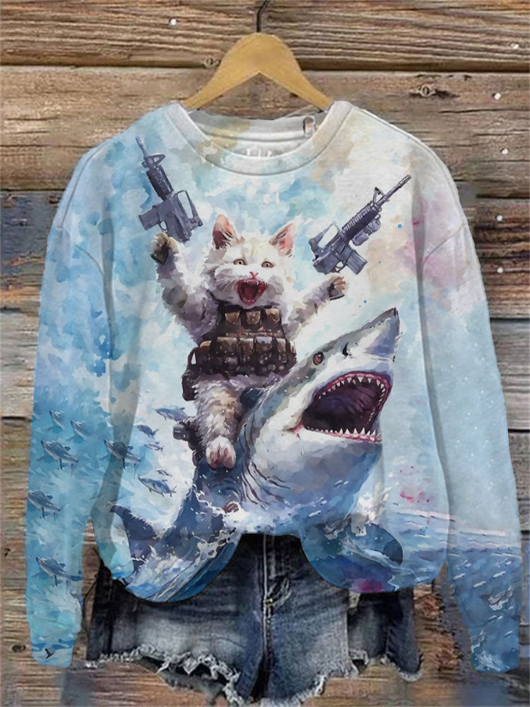 Women's Casual Ocean Shark Funny Black Cat Print Sweatshirt elevenforest