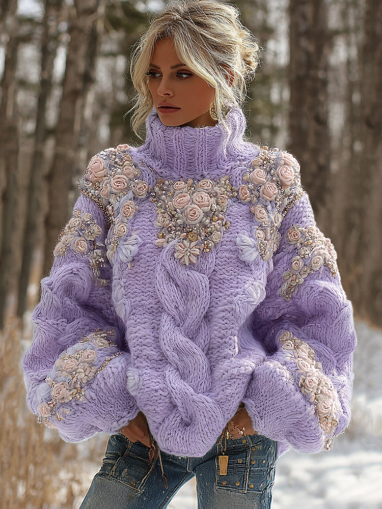 Women's Vintage Embroidery Rose Art Knit Cozy High Neck Sweater elevenforest