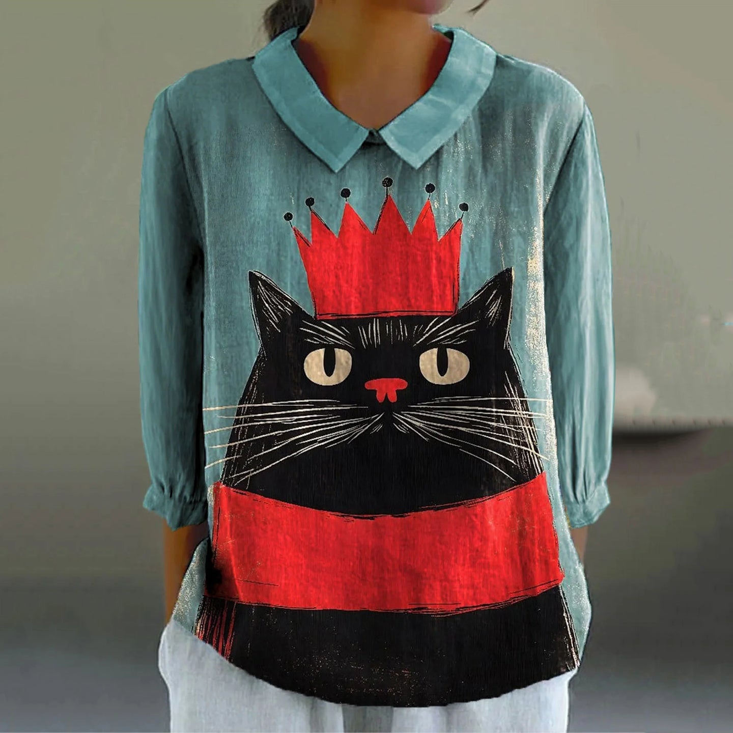 Women's Black Cat Art Casual Linen Shirt elevenforest