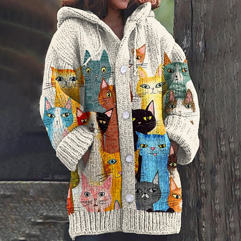 Vintage Cute Cats Color Block Art Button Cozy Cardigan Sweater elevenforest