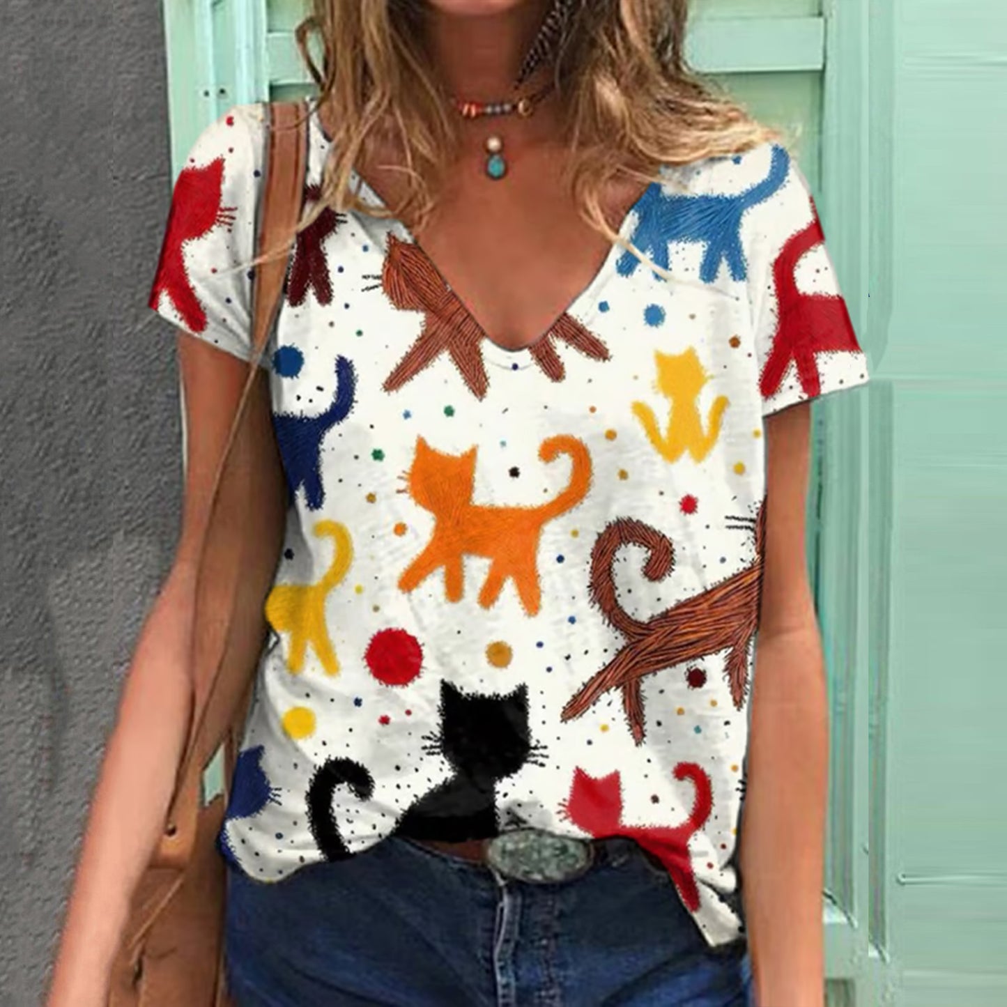 Abstract Creative Cute Funny Colorful Cat Print V-neck T-shirt elevenforest