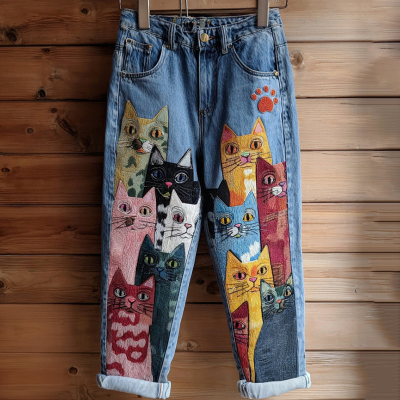 Vintage Colored Cat Embroidered Washed Jeans elevenforest