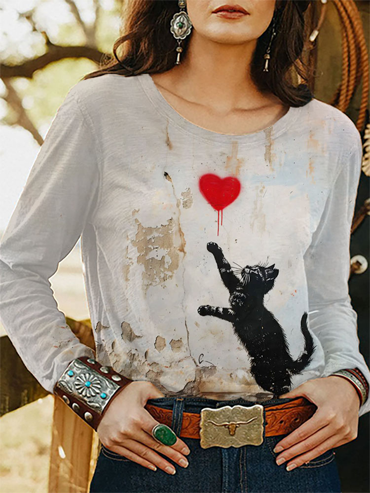 Women's Casual Japanese Art Funny Black Cat Print Sweatshirt elevenforest