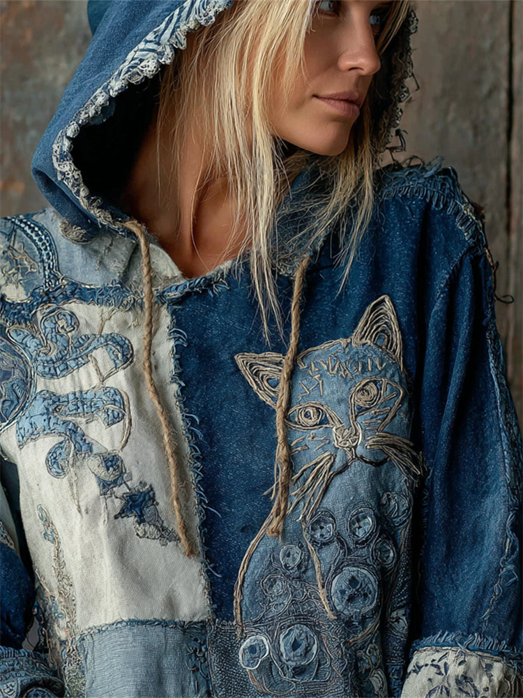 Vintage Cat Floral Denim Fiber Art Patchwork Hoodie elevenforest