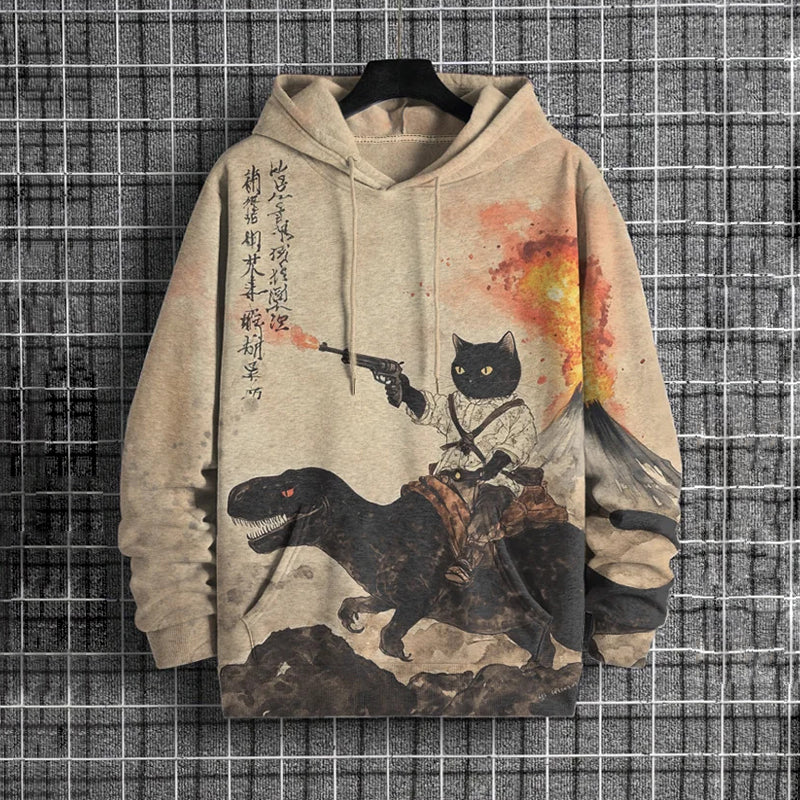 Men's Retro Calligraphy Cat Dinosaur Volcanic Eruption Art Print Hooded elevenforest