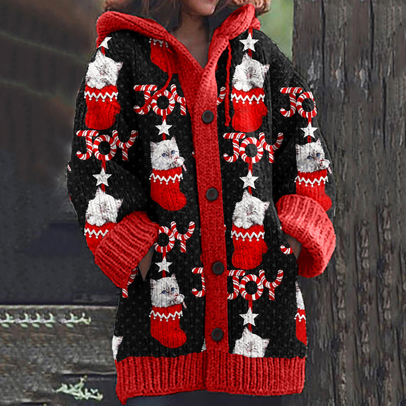 Red Socks Cat Joy Christmas Holiday Women's Sweater Cardigan elevenforest