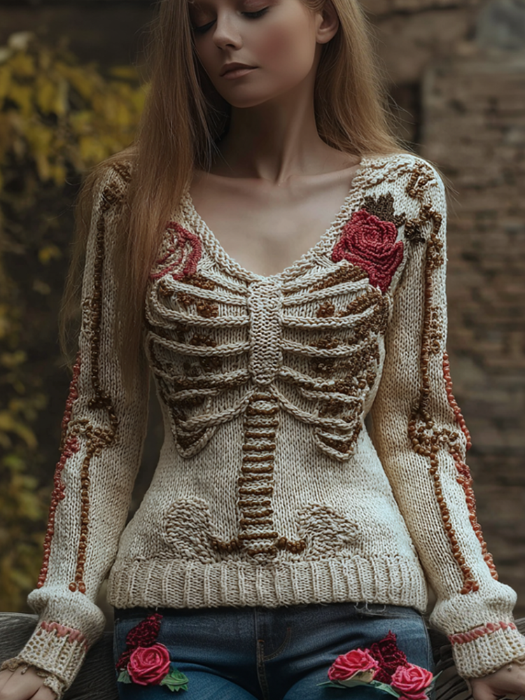 Ladies' V-neck Knitted Sweater With Halloween-themed Line Art And Botanical Floral Design. artswardrobe