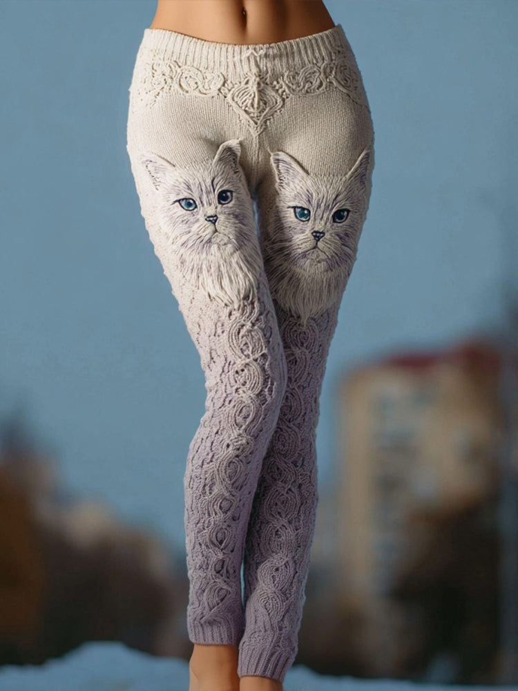 Cute Cat Face Jacquard Gradient Cozy Knit Leggings elevenforest