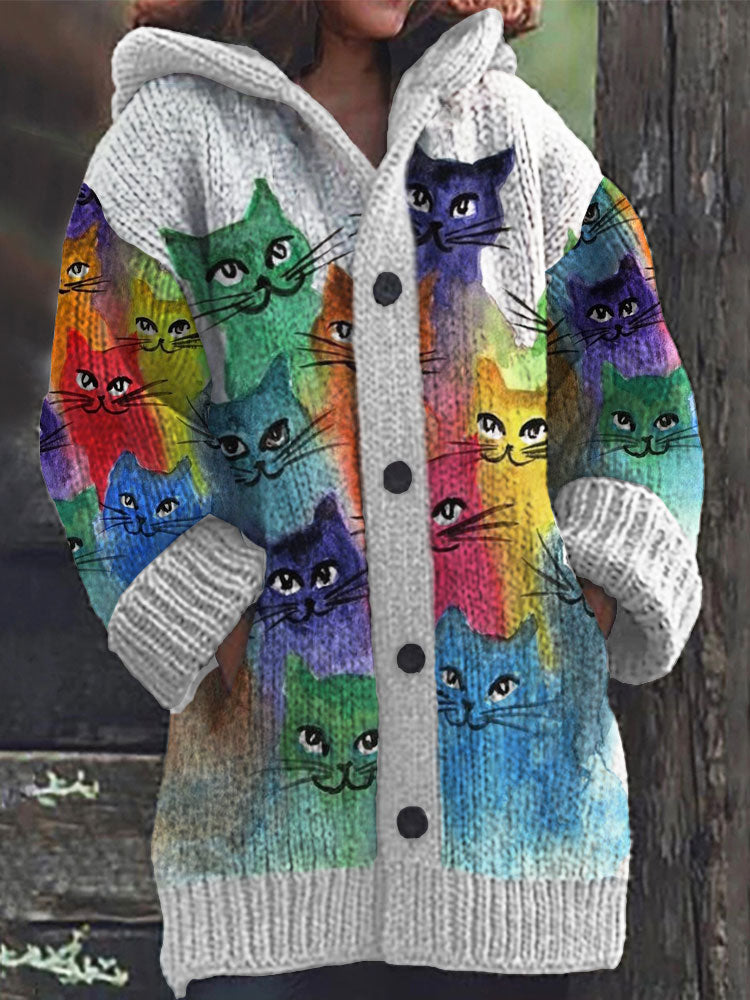 Colorful Cats Pattern Cozy Hooded Cardigan elevenforest