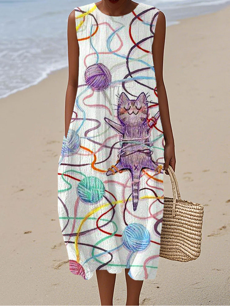 Wool Ball Cat Patterned Women's Linen Vest Dress elevenforest