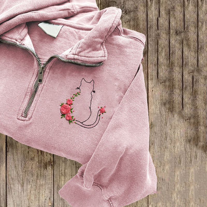 Cute Cat Flowers Art Embroidered Zip Up Sweatshirt elevenforest