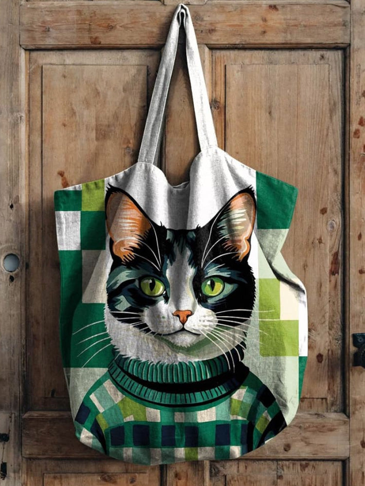 Cat Wearing Sweater Art Printed Linen Tote Bag elevenforest