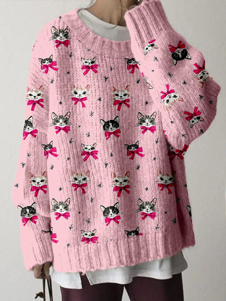 Cute Christmas Cat Pattern Cozy Knit Sweater elevenforest