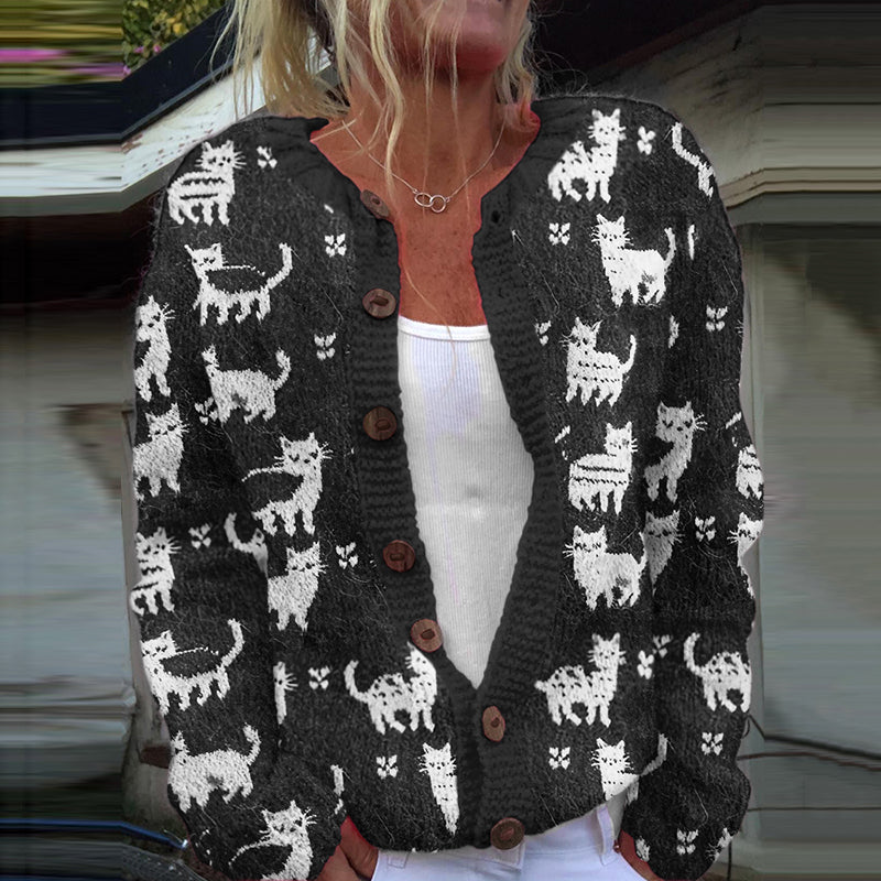 Vintage White Cat Art Print Cozy Button Sweater elevenforest