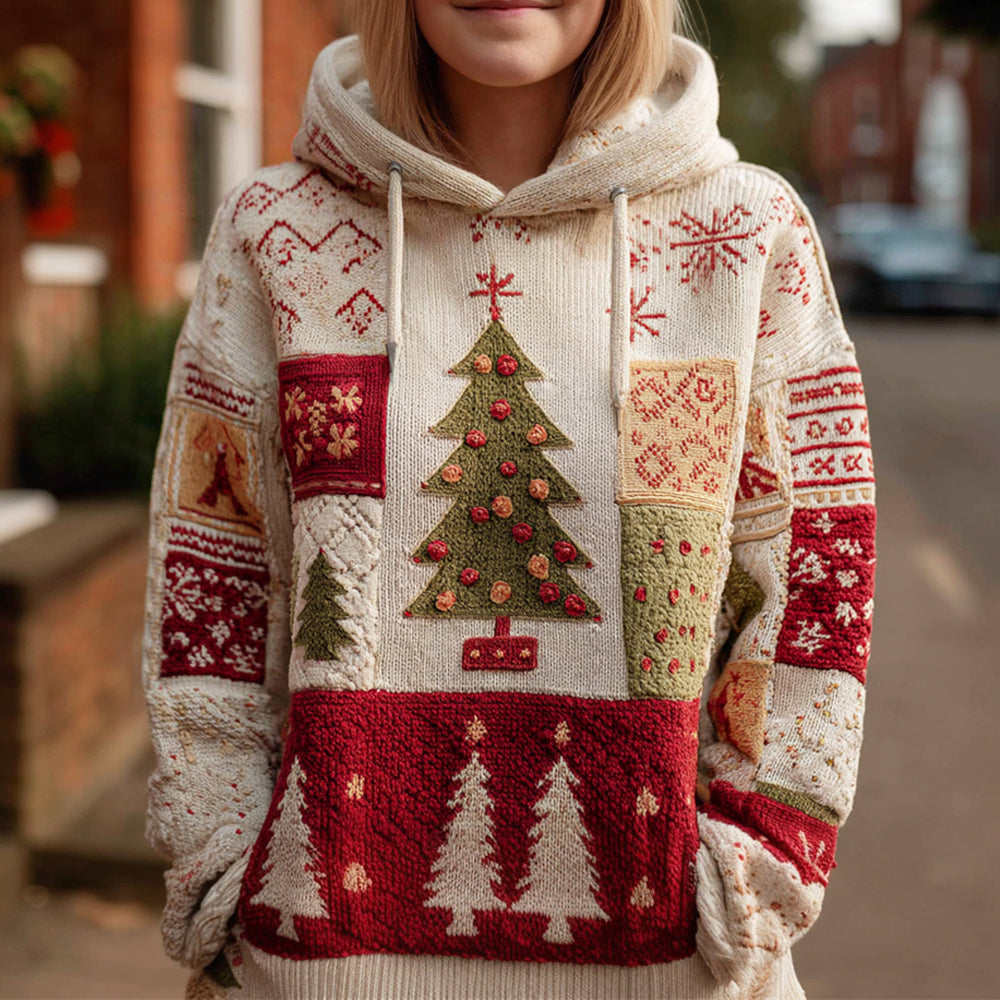 Christmas Tree Geometric Patchwork Pattern Women's Knit Hooded Sweater artswardrobe