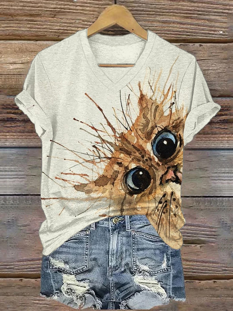 Fuzzy Cat Peeking Painting V Neck T Shirt elevenforest